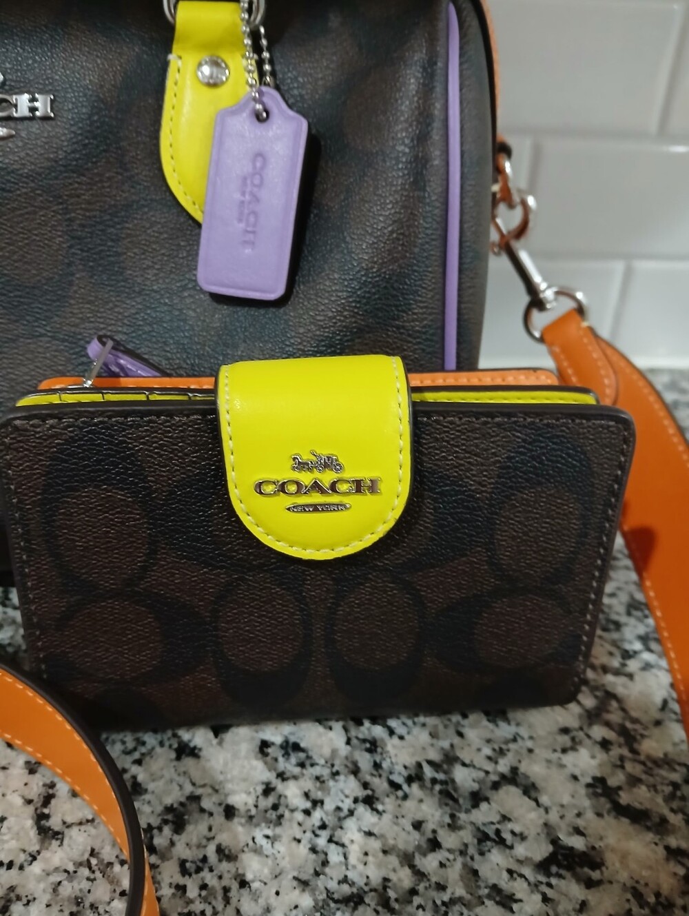 Coach Brown Signature Satchel with Neon Yellow Handles & Orange Trim - Picture 3 of 6